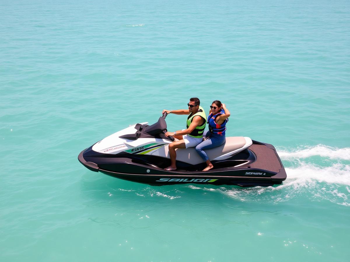 Two riders on a jetski over clear turquoise water