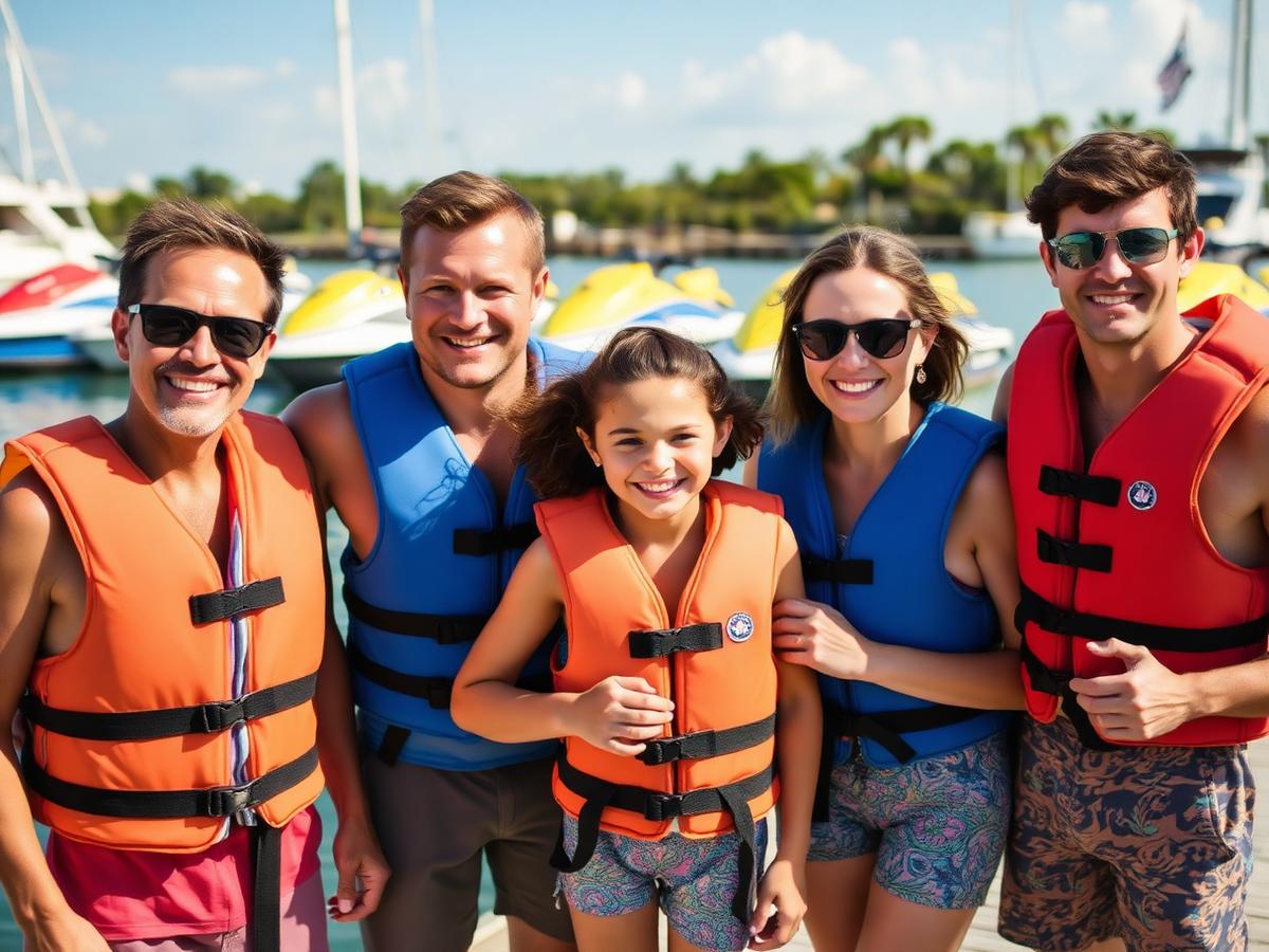 Riders in life vests at the GulfRush dock before a rental